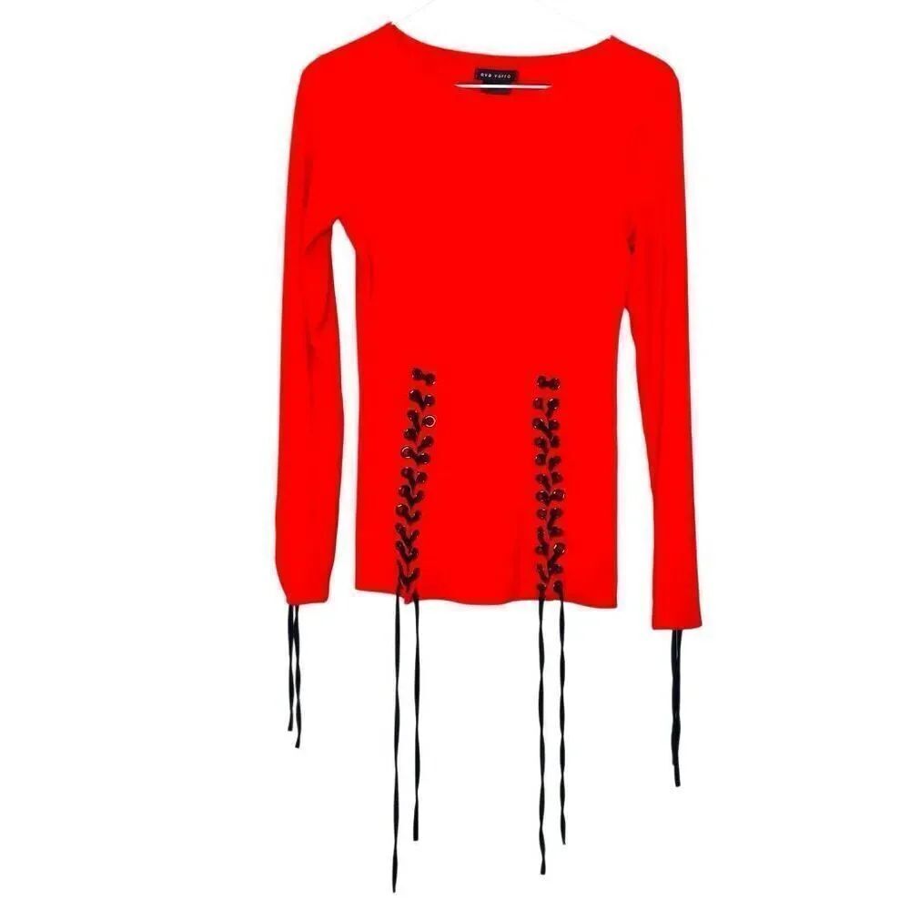 Eva Varro Scoop Neck Long Sleeve Stretch Lace-up Detail Top Red Small